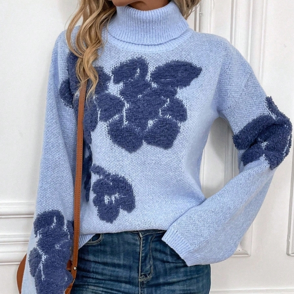 Sweaters - Floral Pattern Turtleneck Drop Shoulder Sweater